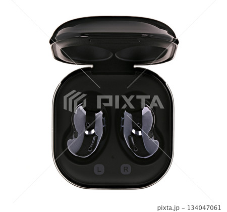 A pair of earbuds with the letters L and R on the side A pair of earbuds with the letters L and R on the side 134047061