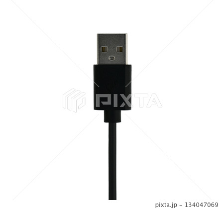 A black USB cable with a white background 134047069