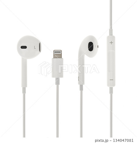 Two white earphones with a white cord 134047081