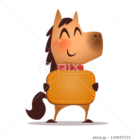 Joyful Cartoon Horse Character with Red Scarf. Blank Sign Joyful Cartoon Horse Character with Red Scarf. Blank Sign 134047155
