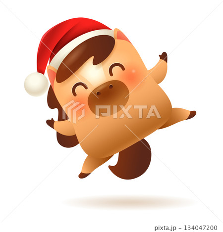 Cute Little Cartoon Horse. Christmas Santa Red Cap and Gift. Happy New Year Cute Little Cartoon Horse. Christmas Santa Red Cap and Gift. Happy New Year 134047200