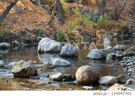 A stream with rocks and leaves in the background A stream with rocks and leaves in the background 134047302