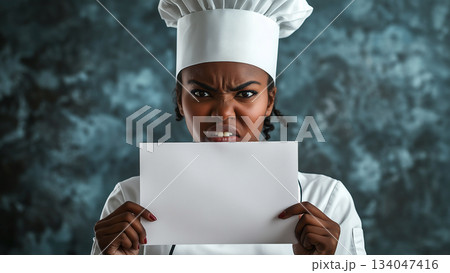 怒って白い紙を掲げる黒人女性シェフ 怒って白い紙を掲げる黒人女性シェフ 134047416