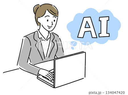 AIを活用する女性会社員シンプル線画 134047420