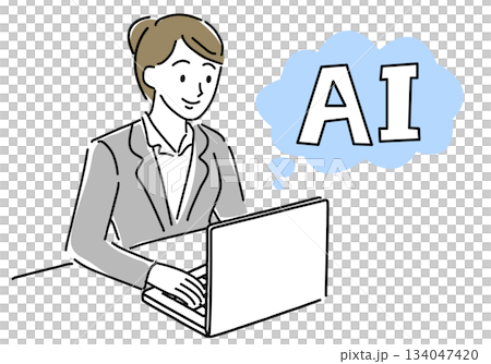 AIを活用する女性会社員シンプル線画 134047420