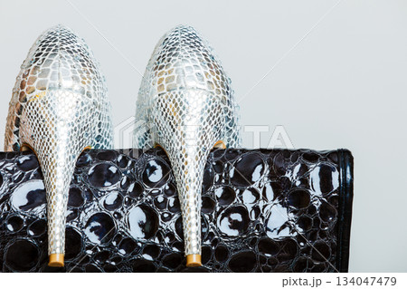Black handbag and silver high heels shoes 134047479