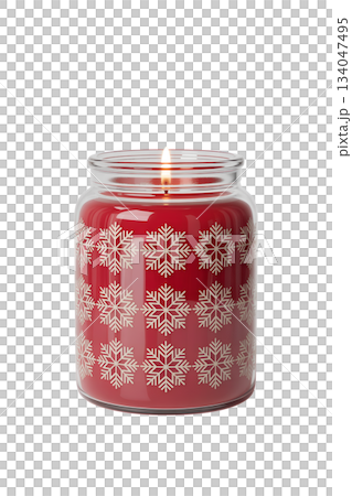 Festive red christmas candle with snowflake decorations inside glass jar, creating warm, cozy holiday atmosphere 134047495