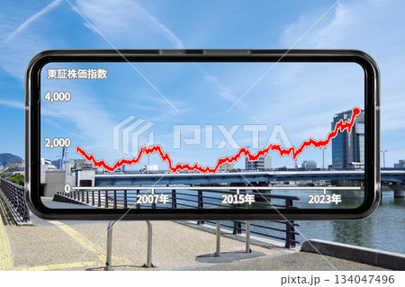 地方都市の風景を切り抜いた構図を壁紙にしたスマホ画面に長期的な株価の推移を表示させているイメージ写真 134047496