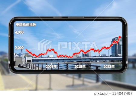 地方都市の風景を切り抜いた構図を壁紙にしたスマホ画面に長期的な株価の推移を表示させているイメージ写真 地方都市の風景を切り抜いた構図を壁紙にしたスマホ画面に長期的な株価の推移を表示させているイメージ写真 134047497