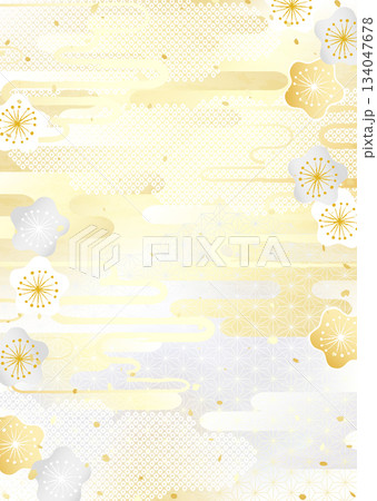 金銀の梅の花と日本のいろいろな伝統模様を組み合わせた華やかな背景イラスト 134047678