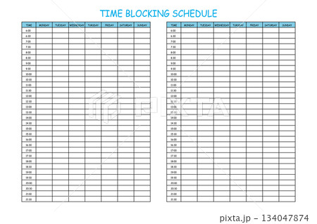 24 Hourly Weekly Schedule - Monday Start. Mockup for daily scheduling and time management. 30-minute increment hourly planner templates. Time Planner 134047874
