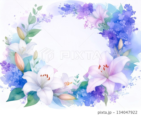 百合の円形フレーム・水彩画タッチ（AI生成画像） 134047922