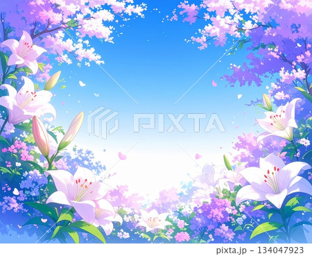 百合の円形フレーム・水彩画タッチ（AI生成画像） 134047923