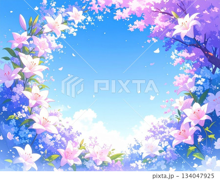 百合の円形フレーム・水彩画タッチ（AI生成画像） 134047925