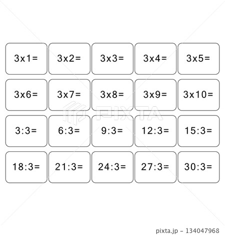 Multiplication and division table of 3. Maths card with an example, drawing. Multiplication Square, vector illustration. Banner, table for children, schoolchildren. School education, logical task. 134047968