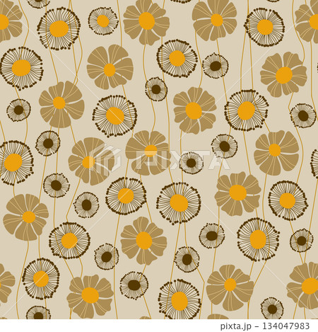 Seamless floral pattern based on traditional folk art ornaments. Colorful flowers on color background. Scandinavian style. Sweden nordic style. Vector illustration. Simple minimalistic pattern 134047983