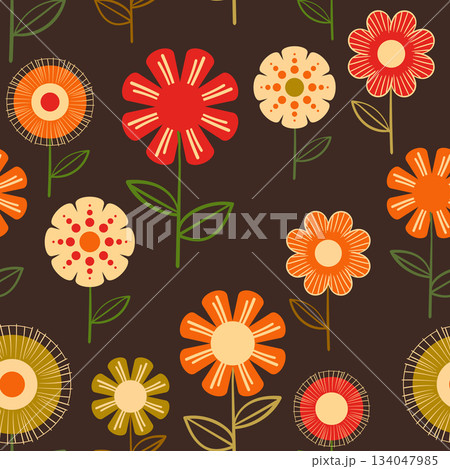 Seamless floral pattern based on traditional folk art ornaments. Colorful flowers on color background. Scandinavian style. Sweden nordic style. Vector illustration. Simple minimalistic pattern 134047985