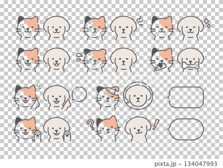 シンプルな犬と三毛猫の表情セット 134047993