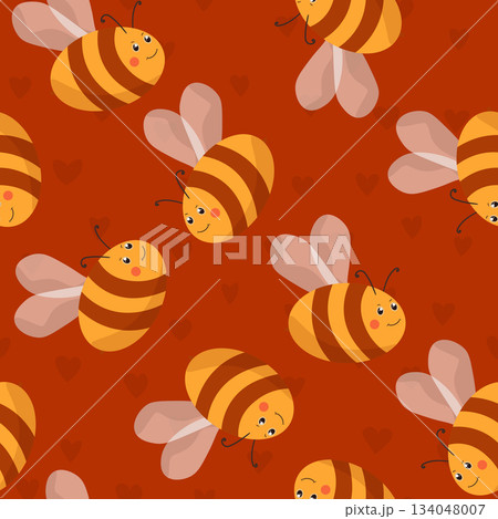 Seamless pattern with bees on color background. Small wasp. Vector illustration. Adorable cartoon character. Template design for invitation, cards, textile, fabric. Doodle style 134048007