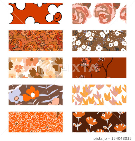 Vector illustration of a set of decorative ribbon stripes. Masking tape, satin or corsage, grosgrain tape, adhesive tapes for frames, scrapbooking. Packing patterned ribbons with flowers, berries Vector illustration of a set of decorative ribbon stripes. Masking tape, satin or corsage, grosgrain tape, adhesive tapes for frames, scrapbooking. Packing patterned ribbons with flowers, berries 134048033