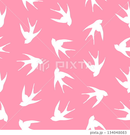 Seamless pattern with swallow silhouette on color background. Cute bird in flight. Vector illustration. Doodle style. Design for invitation, poster, card, fabric, textile 134048083