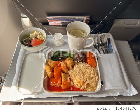 Meal served on a flight from Penang to Singapore features rice and vegetables alongside salad and drink Meal served on a flight from Penang to Singapore features rice and vegetables alongside salad and drink 134048276