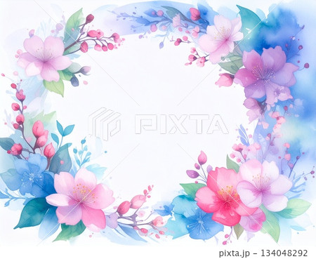 花の円形フレーム・水彩画タッチ（AI生成画像） 134048292