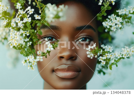 Beauty of nature reflected in a woman's serene expression surrounded by delicate white flowers in a soft, calming setting Beauty of nature reflected in a woman's serene expression surrounded by delicate white flowers in a soft, calming setting 134048378