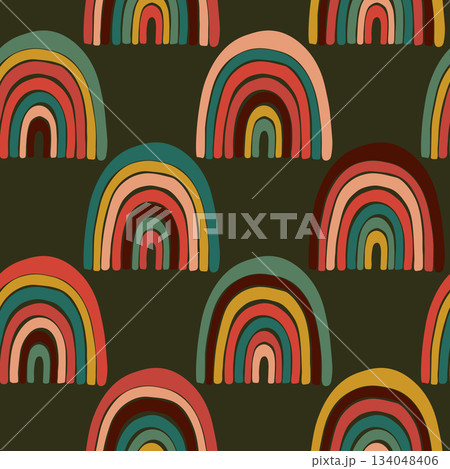 Trendy seamless pattern with colorful rainbow on color background. Design for invitation, poster, card, fabric, textile, fabric. Cute holiday illustration for baby. Scandinavian doodle style Trendy seamless pattern with colorful rainbow on color background. Design for invitation, poster, card, fabric, textile, fabric. Cute holiday illustration for baby. Scandinavian doodle style 134048406