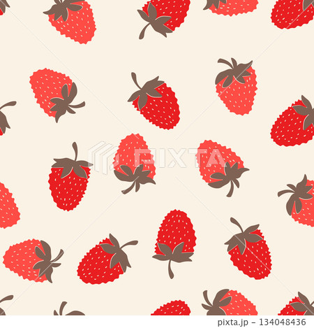 Seamless pattern with strawberry on color background. Natural delicious fresh ripe tasty fruit. Vector illustration for print, fabric, textile, banner, other design. Food concept Seamless pattern with strawberry on color background. Natural delicious fresh ripe tasty fruit. Vector illustration for print, fabric, textile, banner, other design. Food concept 134048436