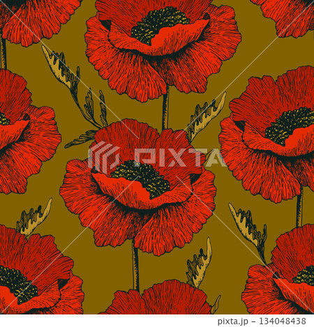 Spring colorful vector illustration with tulips. Cartoon style. Simple minimalistic pattern with nature elements. Vector illustration for fabric, textile, poster, invitation Spring colorful vector illustration with tulips. Cartoon style. Simple minimalistic pattern with nature elements. Vector illustration for fabric, textile, poster, invitation 134048438