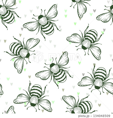 Seamless pattern with bees on floral background. Small wasp. Vector illustration. Adorable cartoon character. Template design for invitation, cards, textile, fabric. Doodle style 134048509