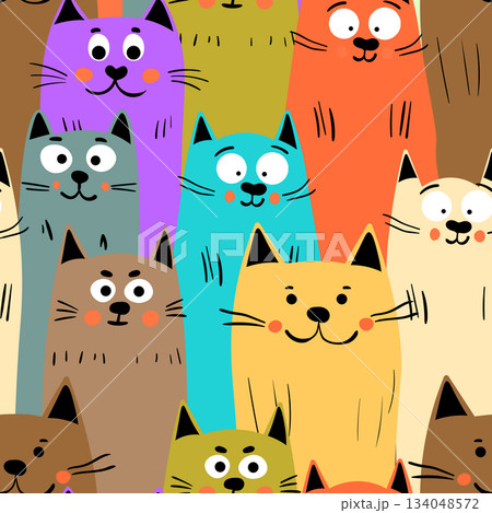 Seamless pattern with cute kitten print. Different scandy cats on color background. Scandinavian style illustration for kids. Vector illustration for fabric, textile, wallpaper, home clothing, pajama 134048572