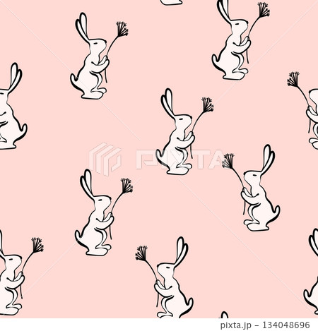 Seamless pattern with silhouette Easter rabbits on color background. Design for card, postcard, wallpaper, fabric, textile. Vector illustration. Cartoon style Seamless pattern with silhouette Easter rabbits on color background. Design for card, postcard, wallpaper, fabric, textile. Vector illustration. Cartoon style 134048696