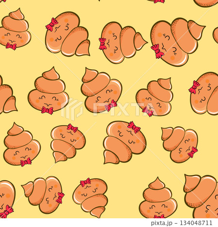 Seamless pattern with kawaii poop on white background. Cartoon poo, feces icons. Shit patterns, evil turd. Vector illustration for invitation, poster, card, fabric, textile. Doodle style 134048711