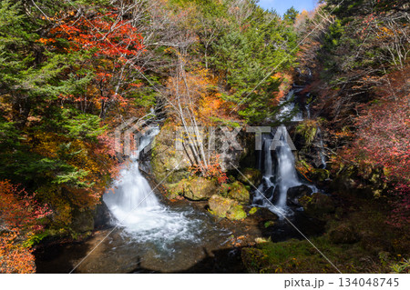 栃木県日光市中宮祠 奥日光の渓流瀑の竜頭の滝 観瀑台から紅葉の景色 栃木県日光市中宮祠 奥日光の渓流瀑の竜頭の滝 観瀑台から紅葉の景色 134048745