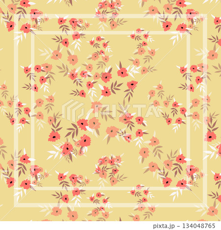 Print for kerchief, bandana, scarf, handkerchief, shawl, neck scarf. Squared pattern with ornament for fabric, textile, silk products. Paisley vector with abstract flowers. Floral folk tracery Print for kerchief, bandana, scarf, handkerchief, shawl, neck scarf. Squared pattern with ornament for fabric, textile, silk products. Paisley vector with abstract flowers. Floral folk tracery 134048765