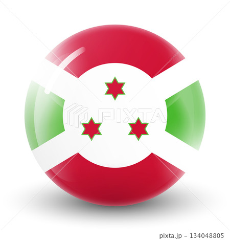 Round icon with flag of Burundi. Glass light ball, sticker, sphere. National symbol. Glossy realistic ball, 3D abstract vector illustration. Template big bubble 134048805
