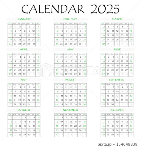 2025 calendar planner. Corporate week. Template layout, 12 months yearly, white background. Simple design for business brochure, flyer, print media, advertisement. Week starts from Monday 134048839