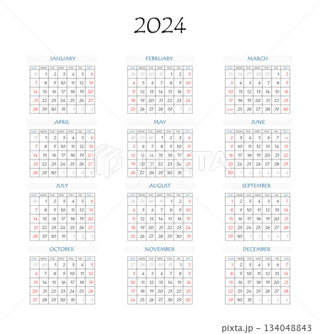 2024 calendar planner. Corporate week. Template layout, 12 months yearly, white background. Simple design for business brochure, flyer, print media, advertisement. Week starts from Monday 134048843