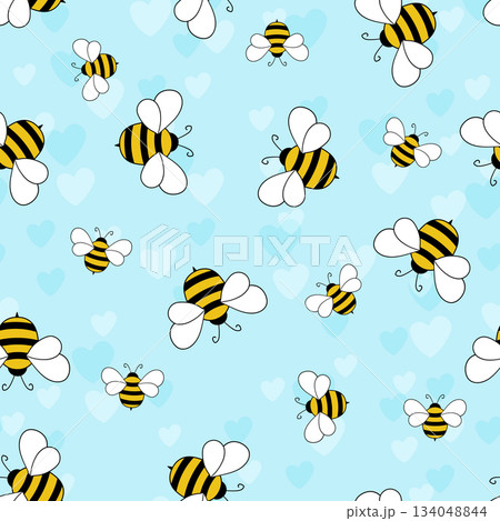 Seamless pattern with bees and hearts on color background. Small wasp. Vector illustration. Adorable cartoon character. Template design for invitation, cards, textile, fabric. Doodle style 134048844