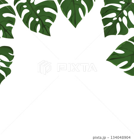 Floral frame with colorful exotic branches on white background. Ornate border with tropic leaves. Vector stock illustration for wallpaper, posters, card. Doodle style. Copy space 134048904