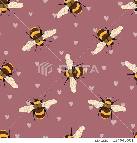 Seamless pattern with bees on floral background. Small wasp. Vector illustration. Adorable cartoon character. Template design for invitation, cards, textile, fabric. Doodle style 134049001