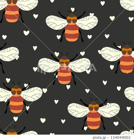 Seamless pattern with bees on color background. Small wasp. Vector illustration. Adorable cartoon character. Template design for invitation, cards, textile, fabric. Doodle style Seamless pattern with bees on color background. Small wasp. Vector illustration. Adorable cartoon character. Template design for invitation, cards, textile, fabric. Doodle style 134049002