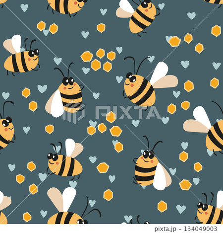 Seamless pattern with bees on color background. Small wasp. Vector illustration. Adorable cartoon character. Template design for invitation, cards, textile, fabric. Doodle style Seamless pattern with bees on color background. Small wasp. Vector illustration. Adorable cartoon character. Template design for invitation, cards, textile, fabric. Doodle style 134049003