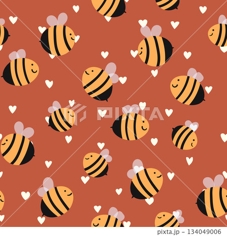 Seamless pattern with bees on color background. Small wasp. Vector illustration. Adorable cartoon character. Template design for invitation, cards, textile, fabric. Doodle style 134049006