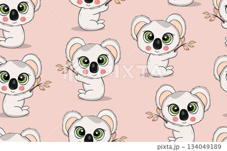 Seamless pattern with cute koala baby on color background. Funny australian animals. Card, postcards for kids. Flat vector illustration for fabric, textile, wallpaper, poster, paper 134049189