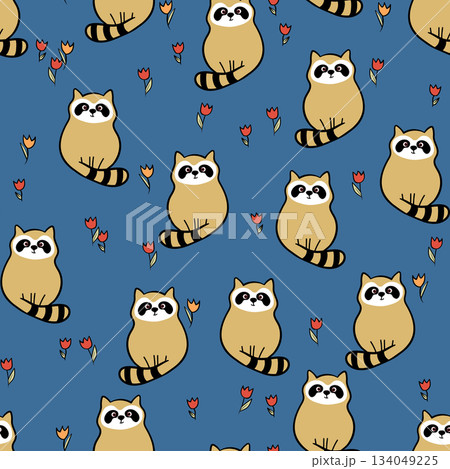 Vector seamless repeating childish pattern with cute raccoon in doodle style. Animals background for invitation, poster, card, flyer, textile, fabric Vector seamless repeating childish pattern with cute raccoon in doodle style. Animals background for invitation, poster, card, flyer, textile, fabric 134049225