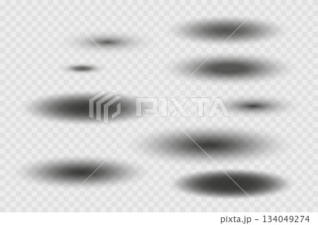 Different realistic round shadow, soft shapes on transparent background. Gray circular and ellipse shadows set. Vector illustration Different realistic round shadow, soft shapes on transparent background. Gray circular and ellipse shadows set. Vector illustration 134049274