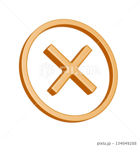 斜めに傾いた黄色い丸形の消去マークのアイコン。リッチな質感の3Dイラスト 134049288